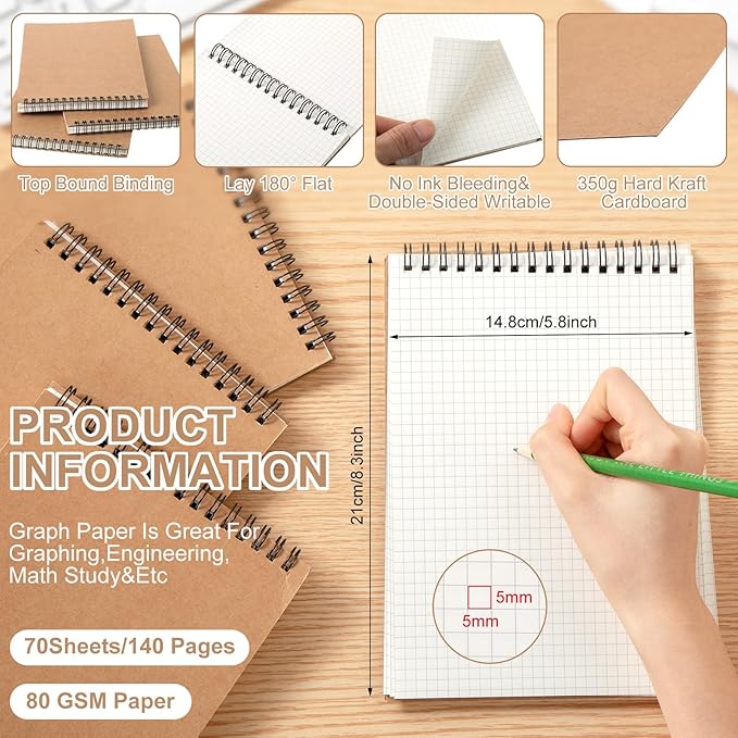 Engrowtic 2 Pack Graph Paper Spiral Notepad A5 Top Wirebound Notepad Grid Notebook Steno Pads Memo Notebook Grid Paper 140 Pages for Writing Sketching Drawing Office Supplies (Kraft)