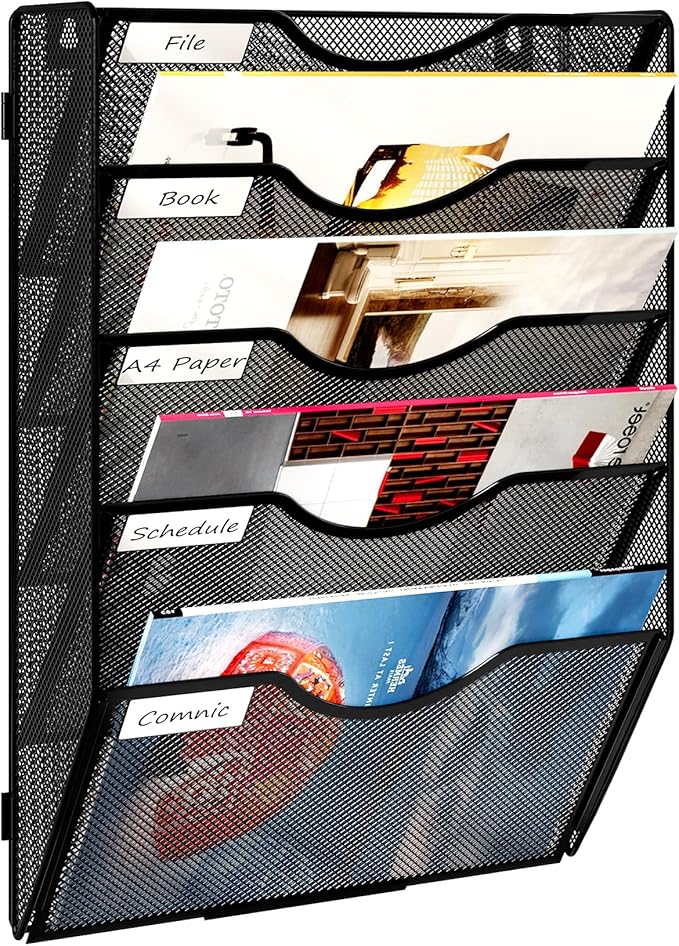 Solinxe Wall Hanging File Holder 5 Pocket Wall Mounted Paper Organizer Magazine File Holder Storage Rack,Black