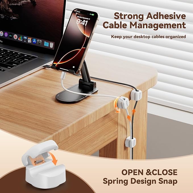 Yocice 6Pack Rotatable Cord Organizer,Spring Cable Clips Desk Cable Management Cord Holder Adhesive Phone Charger Cord Clips for Home Office Car Wall Nightstand Accessories, White
