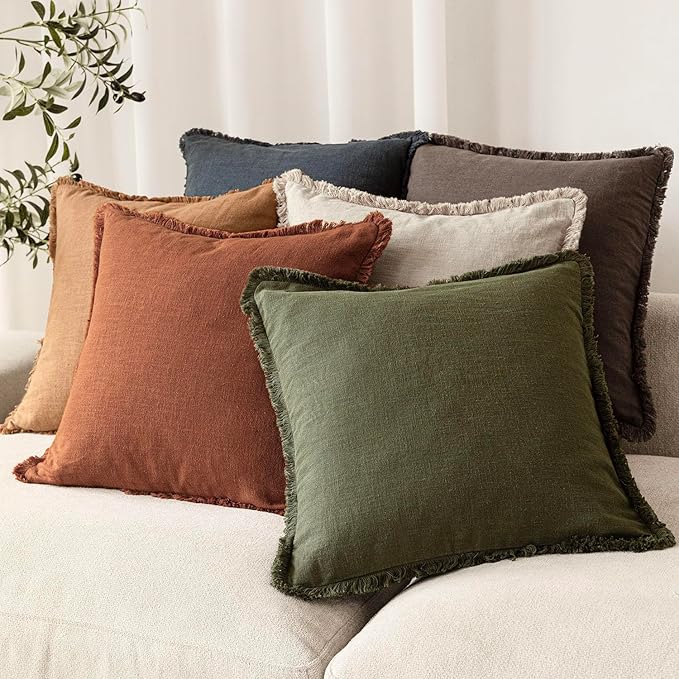 Foindtower Set of 2 Decorative Linen Fringe Throw Pillow Covers Farmhouse Cushion Cover with Tassels Soft Accent Pillowcase for Couch Chair Sofa Bed Living Room Home Decor,20×20 Inch,Fall Rust Orange