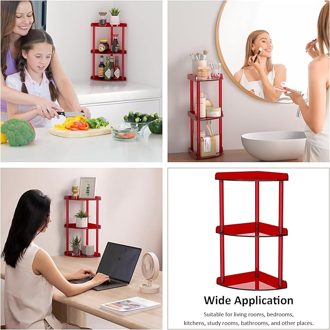 Sezanrpt 3 Tier Countertop Corner Organizer Shelf 7x7x15.7 Inch, Red Countertop Acrylic Bathroom Corner Shelf, Vanity Storage Organizer for Cosmetics, Toiletries