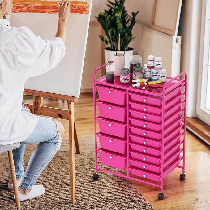 GOFLAME 15-Drawer Rolling Storage Cart, Craft Storage Cart with Removable Drawers & Lockable Wheels, Art Cart Supply Storage Organizer for Home Office Classroom, Hot Pink