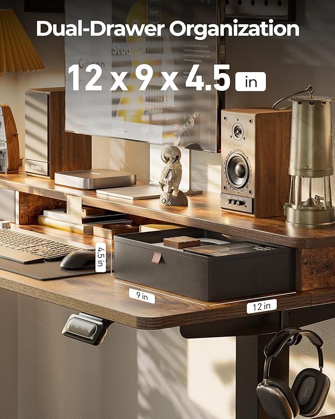 FEZIBO 40 x 24 Inch Height Adjustable Electric Standing Desk with Double Drawer, Stand up Home Office Computer Desk with 4 Height-Adjustable Feets & 2 Hooks, Rustic Brown
