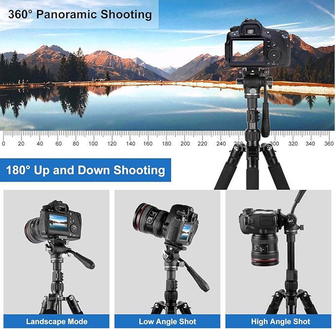 PULUZ 64"/164cm Video Tripod, Metal Camera Tripod with 360°Fluid Drag Head, Quick Release Plate Compatible with Canon Nikon Sony and Other DSLR Camera Camcorder for Photography/Videography
