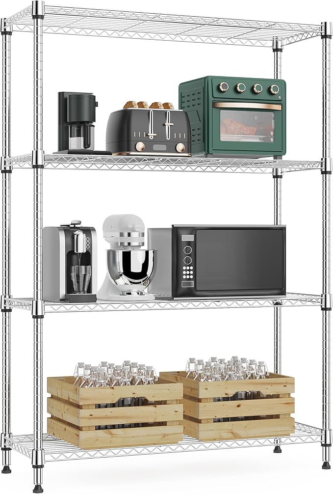 M MZG 1000 lbs 4Tier Shelf Metal Storage Shelves Wire Rack Closet Organizers with Wheel for Garage Kitchen Bathroom Laundry Chrome 13.7" D x 29.5" W x 47.2" H