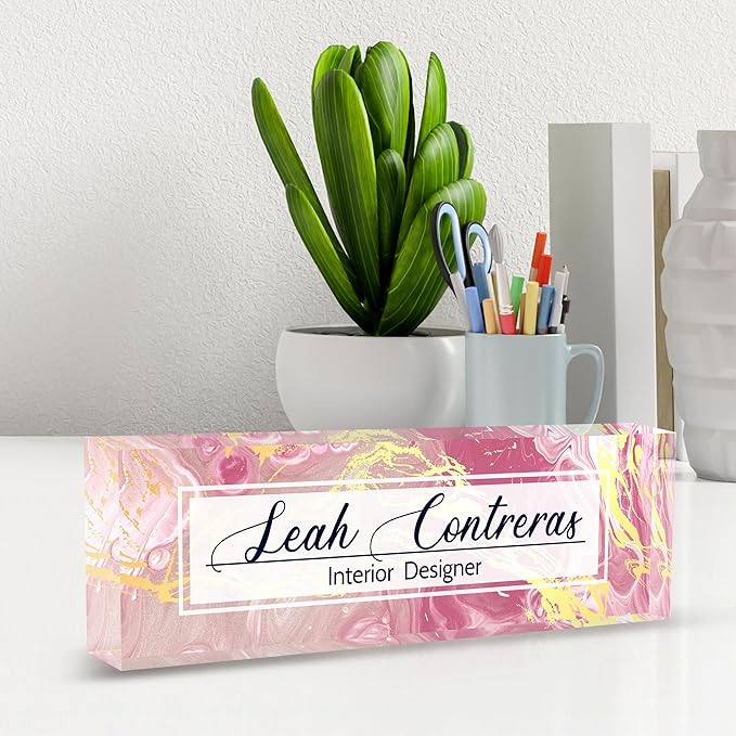 AZUFEMOS Personalized Name Plate for Desk Custom Acrylic Desk Name Plate Custom Employee Appreciation Gifts Office Gifts for Women, Men, Boss, Coworkers, Teacher, Nurse (Pink Flow Gold)