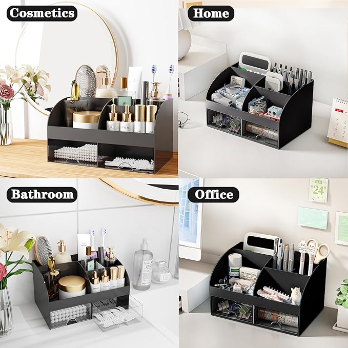 COMFYROOM Black Desk Accessories with Pen Holder, Office Supplies Desk Organizers and Accessories, Tape Dispenser, Stapler, Staple Remover, Staples, Clips Set, Ruler, Scissor, Pen, Tape (Black)
