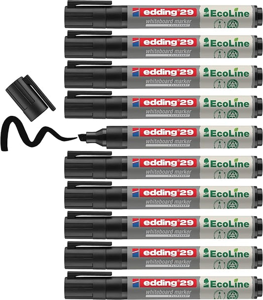 edding 29 Ecoline whiteboardmarker - zwart - 10 whiteboardstiften - beitelpunt 1 - 5 mm - boardmarker uitwisbaar - voor whiteboard, flipchart, magneetbord, prikbord, memobord - sketchnotes - navulbaar