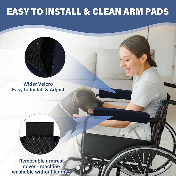 SPRING SEAON Wheelchair Armrest Covers (Pair) - Suede Velvet Memory Foam Accessories Pads for Wheelchair Arm Rest, Office Transport Chairs, Soft Support Cushion for Mobility Aids(Navy Blue)