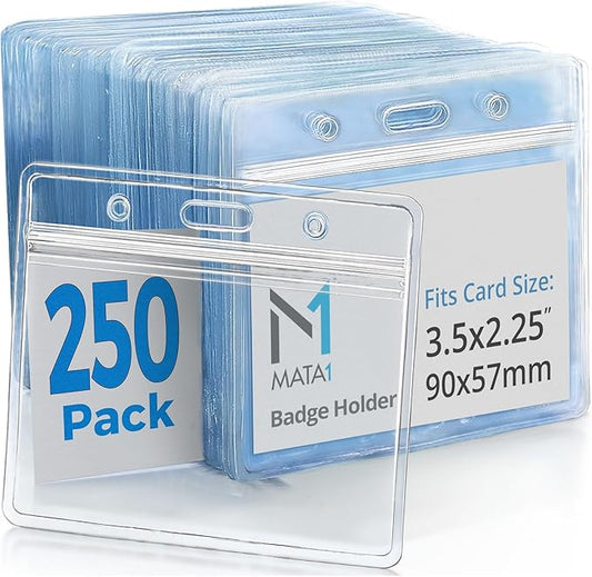 Mata1-USA Extra-Thick Plastic Card Holder (Clear, 3.5x2.25 Inch, 250 Pack), Horizontal Badge Holder for ID Name Badge with Zipper