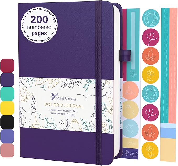 VIVID SCRIBBLES Dotted Journal – 140gsm Bleed Proof Thick White Paper – 200 Numbered Dot Grid Pages – 5.8 x 8.3 inch Bullet Dotted Notebook