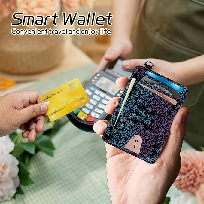 BWEGRHE Small Travel Wallets, Purple Blue Mandala Slim Minimalist Front Pocket Wallet with Wristlet, RFID Blocking PU Leather Credit Card Holder with ID Window Change Purse for Men Women
