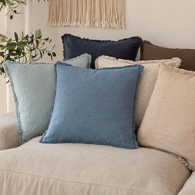 Foindtower Set of 2 Decorative Linen Fringe Throw Pillow Covers Cozy Boho Farmhouse Cushion Cover with Tassels Soft Accent Pillowcase for Couch Sofa Bed Living Room Home Decor, 18×18 Inch, Misty Blue