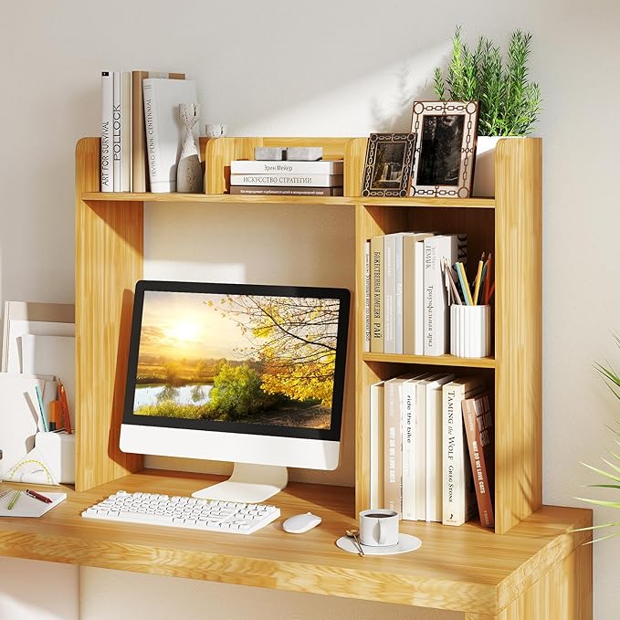 Tangkula Desktop Bookshelf, Countertop Storage Hutch with Shelves for Computer Desk, Desk 3-Tier Display Rack, Multipurpose Wood Desktop Hutch Storage Organizer for Dorm Office