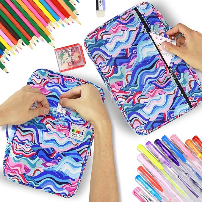 YOUSHARES Big Capacity Colored Pencil Case - 300 Slots large Pen Case Organizer with Multilayer Holder for Prismacolor Colored Pencils & Gel Pen (Wavy Blue)