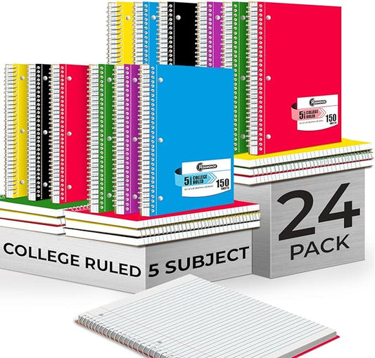 Rosmonde Bulk Spiral Notebook 24 Pack, 5 Subject, 300 Pages/Book (150 Sheets), 8 x 10-1/2, College Ruled, School & Office Spiral Notebooks, Back to School Notebook Journal, Soft Cover, Assorted Colors