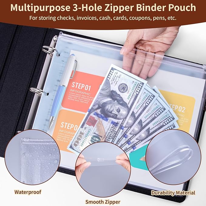 Antner 3 Ring Personal Check Binder for 3-on-a-Page End-Stub Deskbook & Personal 3 Holes or 9 Holes Small Size Checks, PU Leather Check Holder Checkbook Binder Cover with Zipper Pouch, Coffee