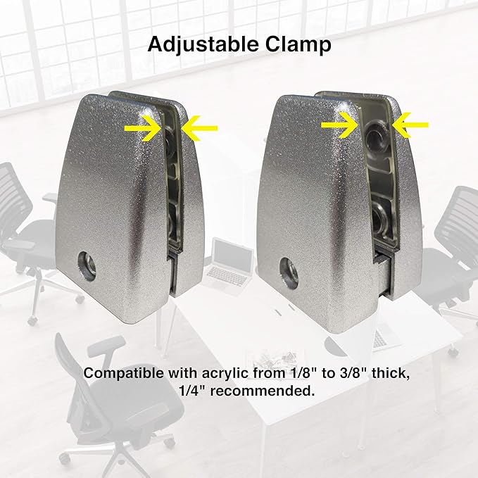 Precision-Milled Aluminum clamp Set for Office Privacy Panels. Includes Rubber-Grip Acrylic Standoff mounts and Adjustable Brackets. Ideal for Metal Shelf Support with Screws and Allen Wrench kit