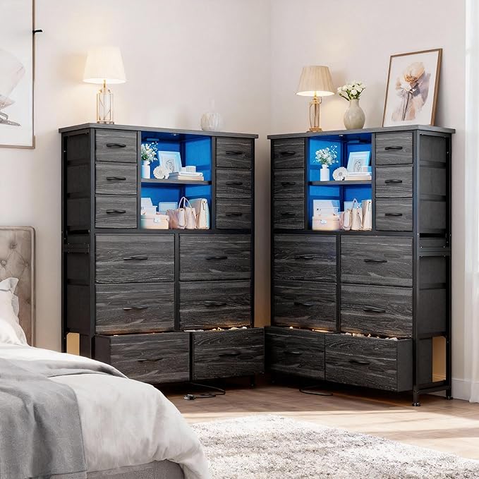 EnHomee Dresser for Bedroom with Charging Station & LED Light, Large Dresser for Hallway, Living Room, Entryway, Metal Frame, Black Dressers & Chest of Drawers, 50.6" H x 37.8" W x 11.8" D