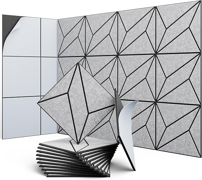 UNECHO 12 Pack 12" X 12" X 0.47" Acoustic Panels for Wall Sound Absorbing, Dual-Color P-Stripes Square Self-Adhesive Sound Panels, High Density Suitable for Multiple Scenarios(Black+SilverGray)