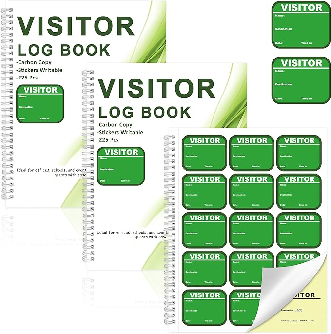 2 Pack Visitor Badges with Carbon Copy Visitor Stickers Letter Size Visitor Log Book Protecting Privacy Pages Register Book Business Guest Name tag for School Clinics Church-450 Badges 60 Memo Pages
