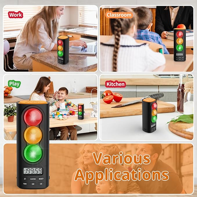Traffic Light Visual Timer&ADHD Tool for Kids Adults Display Volume Adjustment, with 4 Ringtones for Classroom Desk Home Kitchen Game Countdown Pause Memory Function Charger Type C Included