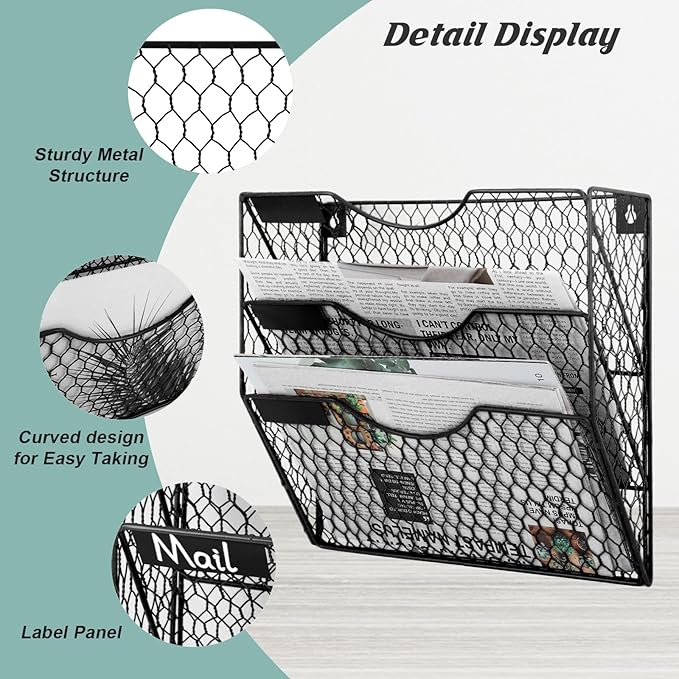 EASEPRES Mail Organizer Wall Mount Hanging File Holder Storage, Metal Chicken Wire Magazine Rack 3 Tier, Black