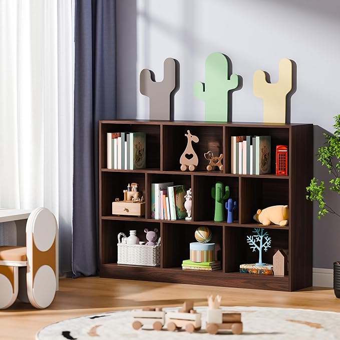 Cozy Castle Brown Bookshelf, 3-Tier Open Shelf Bookcase, 10 Cube Storage Organizer with Anti-Tilt Device for Bedroom, Living Room, 55.11" W x 11.61“D x 40.94“H