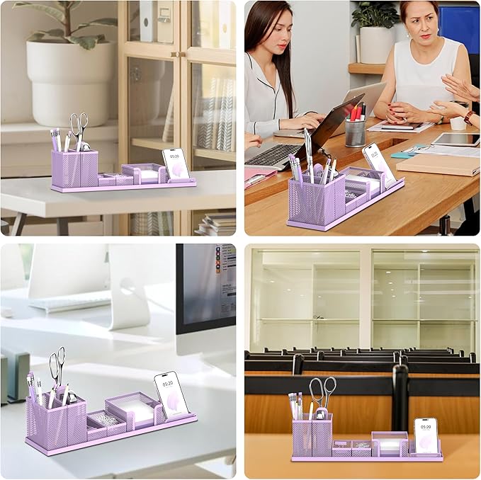 SUPEASY Pen Holder for Desk, 6 Piece Mesh Desk Organizer set for Office Organization with Mail Organizer, Letter Phone Holder, Sticky Notes Caddy Storage, Purple