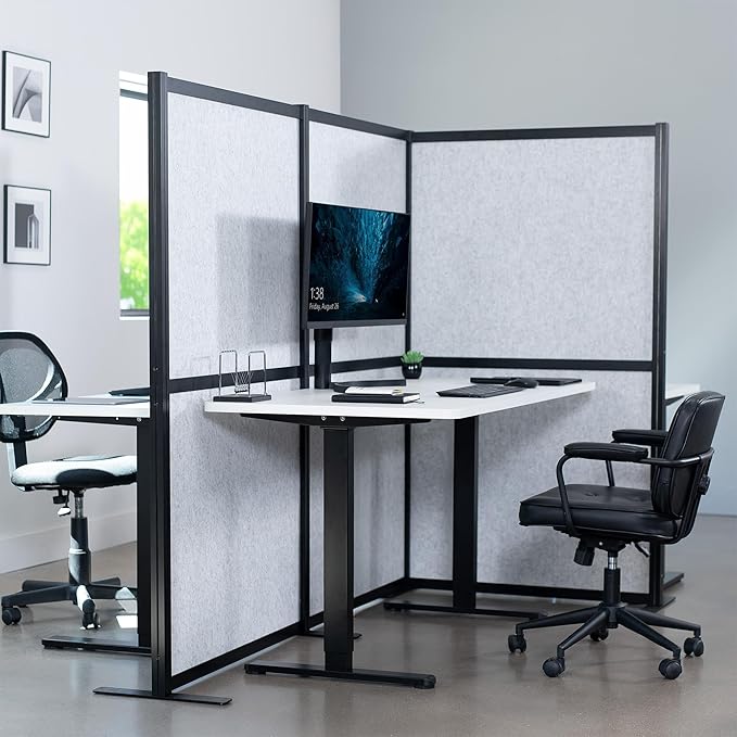 VIVO L-Shape Modular Corner Wall System, 3 Panels, Modern Professional Office Cubicle Dividers, Freestanding Privacy Screen, 66 inches High, Light Gray, Black Frame, PP-MWS63B-L