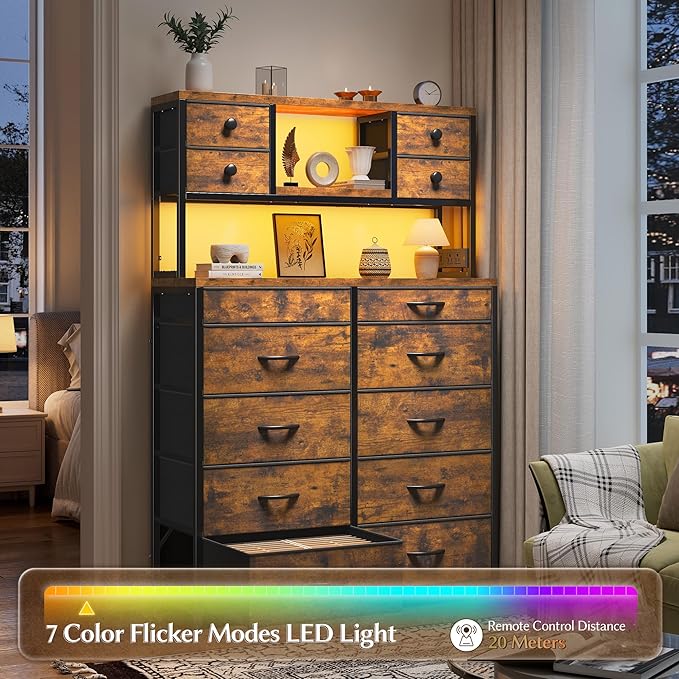 EnHomee 62.8" H Dresser for Bedroom with Multiple Drawers,Fabric Dresser with Charging Station and LED Lights,Dressers & Chests of Drawers for Bedroom, Steel Frame & Wooden Top,Rustic Brown