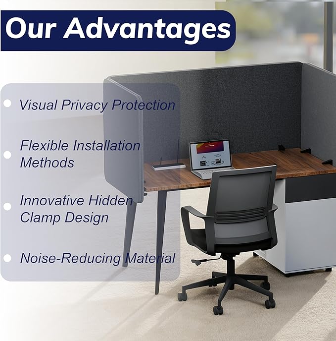 KERRAM Desk Privacy Panel 24 x 24 Inch,Sound Absorbing & Proof Desk Divider for Office, Clamp-on/Screw-on Acoustic Desk Back Panel Partition, Dark Gray