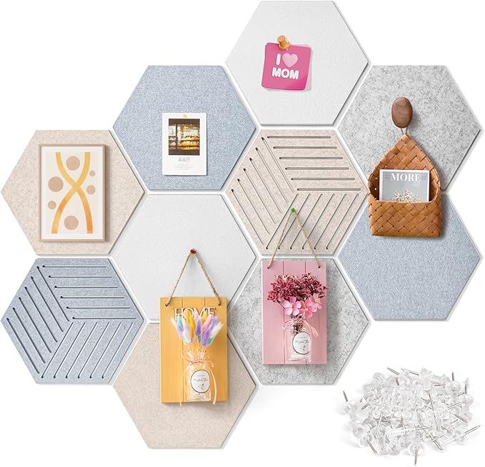 12'' Medium Hexagon Cork-Bulletin Board Tiles Adhesive 10PCS 12x10 inch Frameless Sticky Corkboard Hex Felt Pin Board for Office-Wall Decor, Removable Hexagonal Tack Pinboard with 30 Pushpins