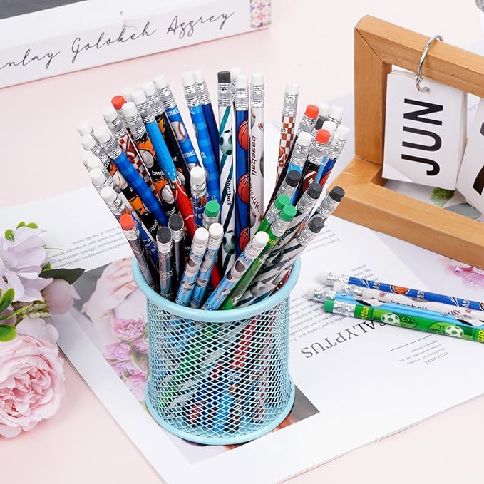 48 Pcs Sports Wooden Pencils with Erasers, Football Soccer Basketball Baseball Funny Sports Pencils for Teacher Gift Supplies, Awards Incentives Pencil (Basketball, Football, Soccer and Baseball)