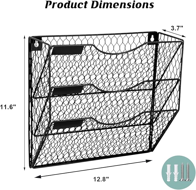 EASEPRES Mail Organizer Wall Mount Hanging File Holder Storage, Metal Chicken Wire Magazine Rack 3 Tier, Black