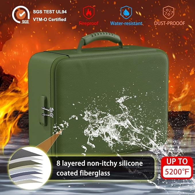 ENGPOW 5200°F Fireproof Document Bag with Lock, Upgraded Heat Insulated Fireproof＆Waterproof Box 8 Layers Document Organizer, Portable Home Travel Safe Storage Box for Important Files, Laptop,Green