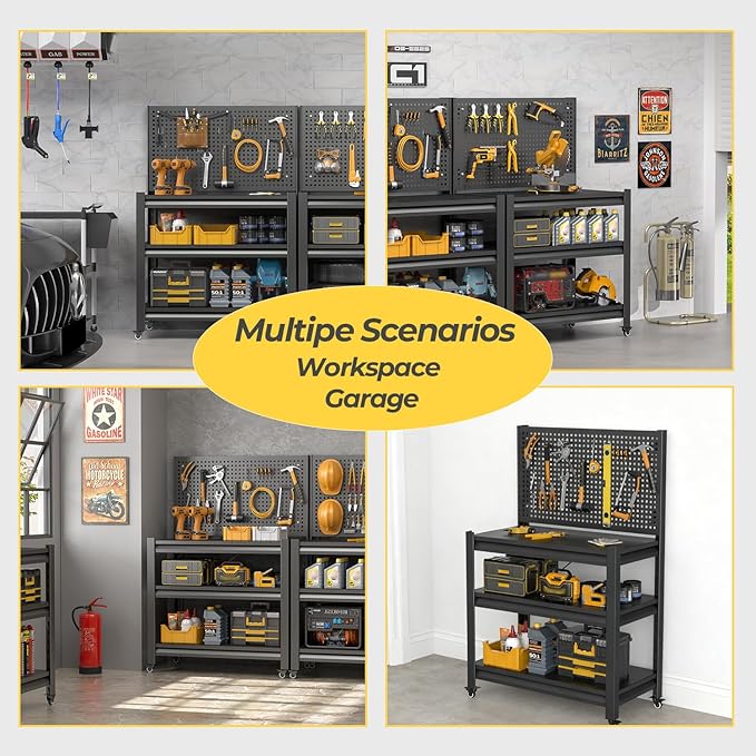10 Sets Storage Shelves with Pegboard,Heavy Duty Garage Shelving Units and Storage,Metal Shelving Adjustable Shelves,Garage Storage Rack,Industrial Utility Shelf For Kitchen,Pantry 47.2"H*33.46"W*18"D