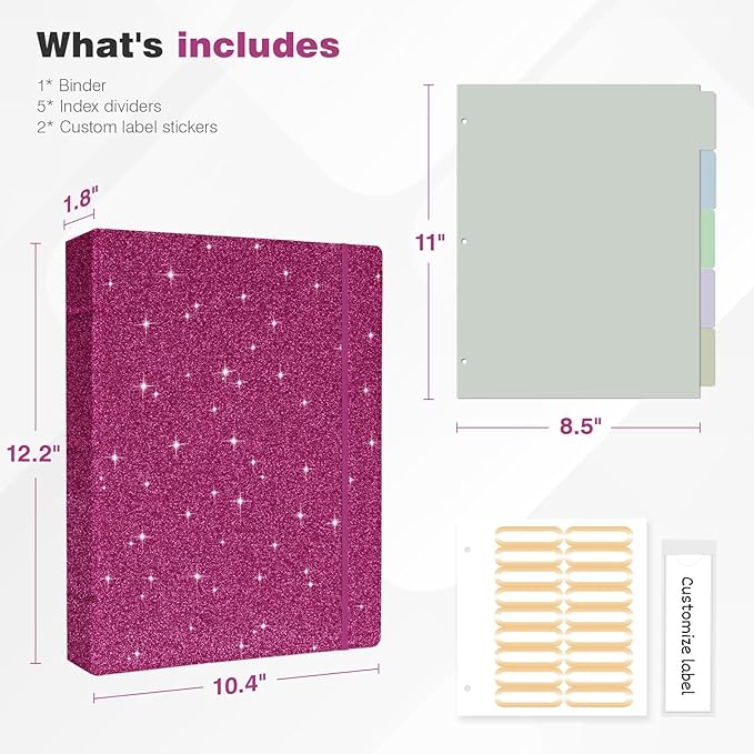 Ospelelf Vintage Hardcover 3 Ring 1 inch Leather Binder, Professional Binders Organizer Suitable for Letter Size Documents, Binder Dividers with Tabs, Glitter Rose Red