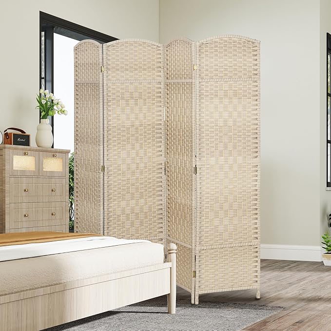 HOMCOM 4 Panel Room Divider, 6' Tall Folding Privacy Screen, Hand-Woven Freestanding Wall Partition for Home Office, Bedroom, Washed Oak