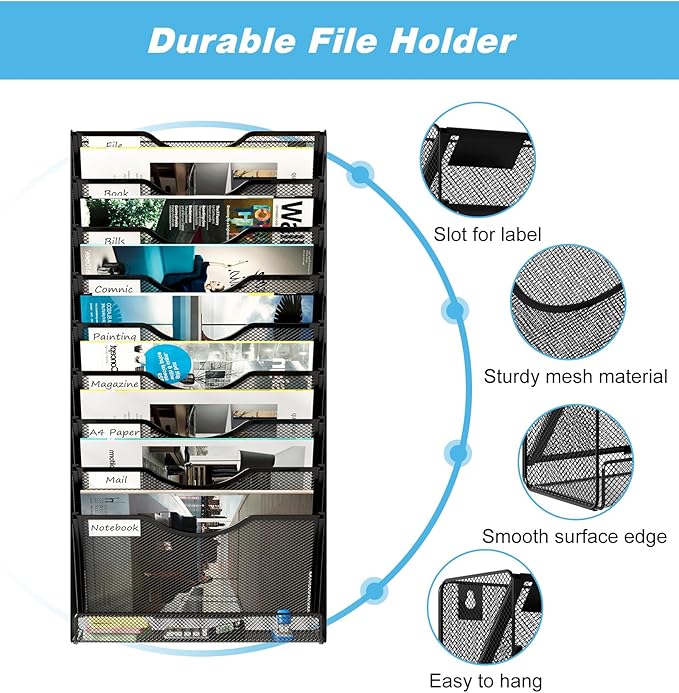 Solinxe 10 Tier Wall File Organizer, Vertical Mesh Paper Mail Organizer Wall Mounted Magazine Rack, Metal Clipboard Storage for Office, Home, Classroom, Black