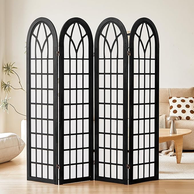 ALeesing Folding Room Divider Privacy Screen Freestanding 4-Panel Shoji Style Wooden Frame Decorative Partition Wall for Bedroom Office Apartment Black