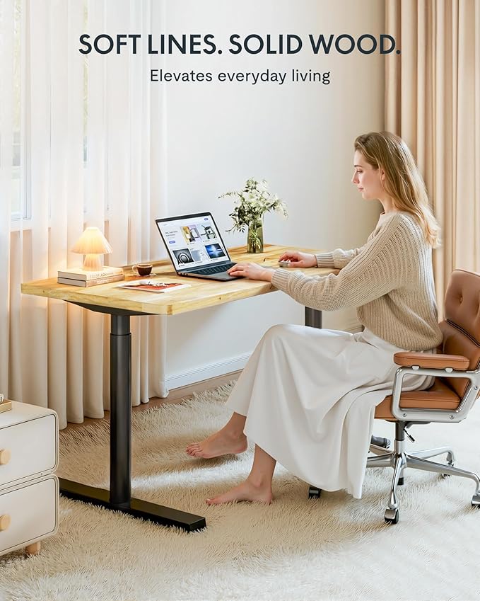 FLEXISPOT Solid Rubberwood Electric Standing Desk with Elegant Oval Legs, 55"x24" Height Adjustable Desk for Home Office & Living Spaces (Black Frame)