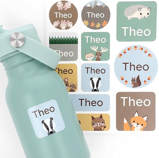 Large Name Labels for Kids (33) - Custom Stickers for Daycare and School Supplies - Durable, Waterproof Stickers for Water Bottles, Lunch Boxes, and More with Unique Designs - Forest Animals