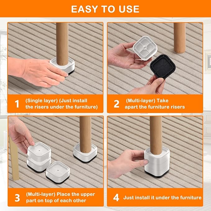 shouwuhho 16 Pack Furniture Risers Adjustable Bed Risers Heavy Duty Lifts Height 1", Square Stackable Bed Risers 1, 2 or 3 Inch for Desk Leg Table Couch Sofa Chair Bed Frame Legs Dorm, White