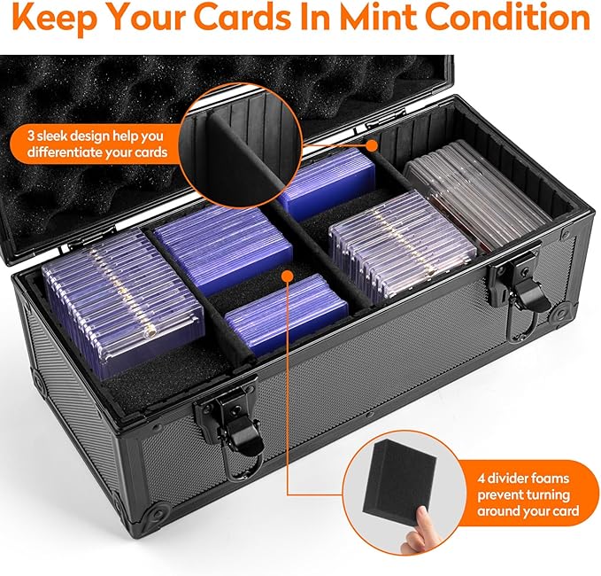 MewVeer Top Loader Storage Box with Key Locks, Trading Card Storage Case, Sports Card Box & Hard Cases Holds up to 300+ Top Loaders, 76 One Touch (35pt), 48 PSA/GMA, 43 CSG, 41 SGC, 36 BGS/HGA