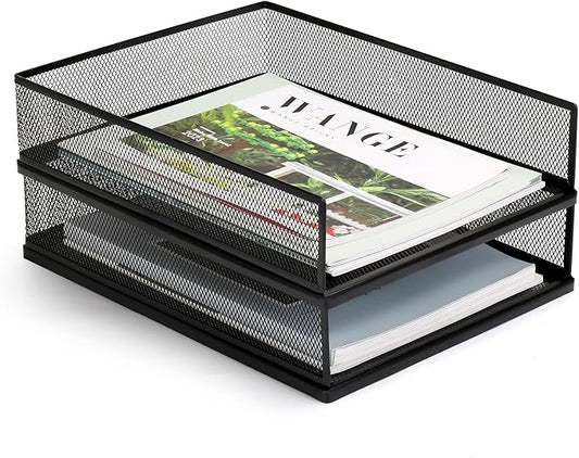 AZFUNN Wire Mesh Letter Trays Paper Tray Desk File Organizer, 2 Pack Stackable Metal Front-Load Documents Tray for Office Supplies File (Lengthways)