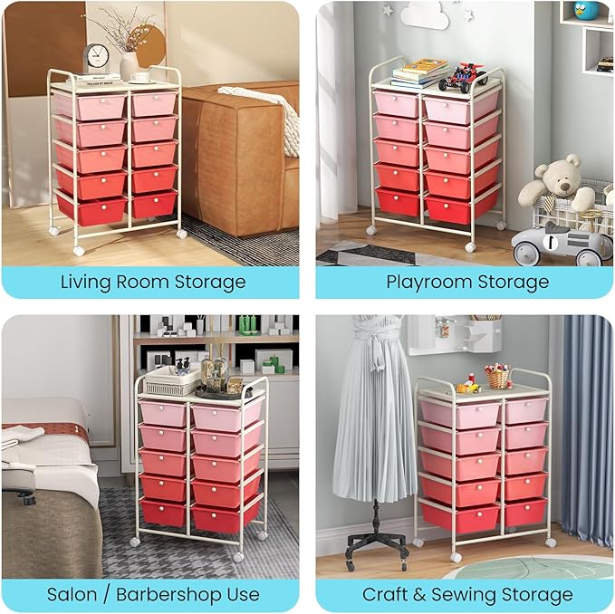 GLACER 10 Drawer Rolling Cart, Storage Cart with Lockable Whieels & Metal Frame, Trolley for Art Craft Oganizer, Mobile Utility Cart for Office, School, Classroom, Kitchen (Pink Gradient)