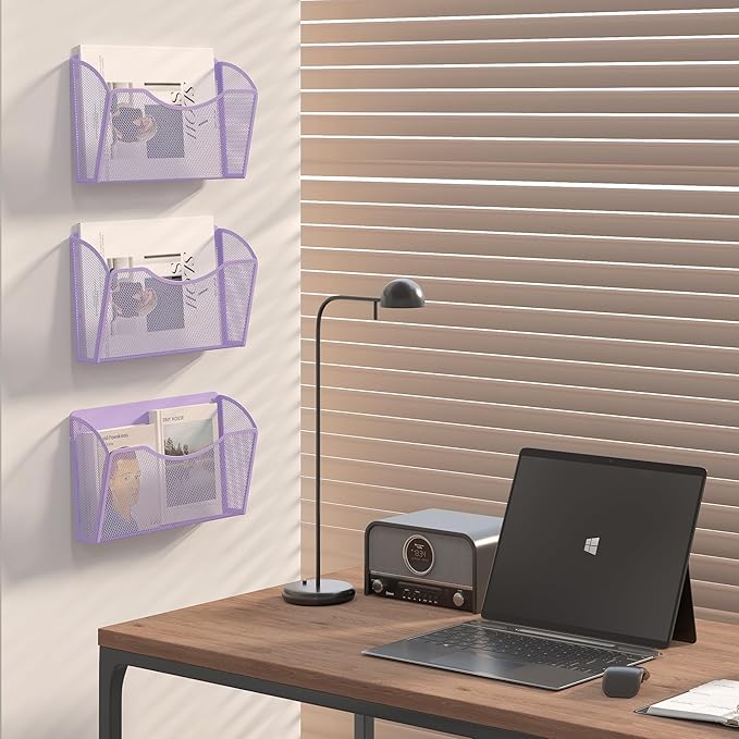 EasyPAG 3 Single Pocket Wall File Organizer, Mesh Hanging File Folder Organizer for Letter/A4 Size Folders, Wall Mounted Vertical Mail Holder for Paperwork, Office, Home, School, Purple