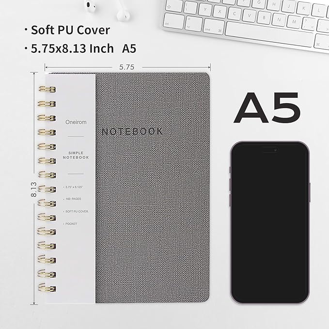 Spiral Notebook-5.75" x 8.125" College Ruled Journal with Inner Pockets and 160 Pages,PU Leather Cover Business Journal, Twin-Wire Binding Notebook Perfect for Office & Home School Supplies 3 pack Grey