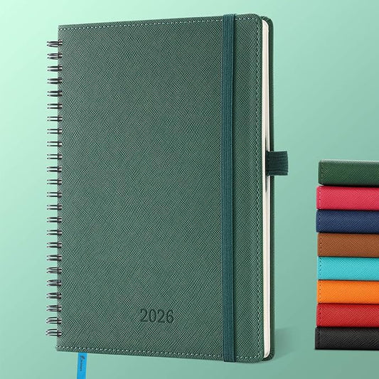 IN-LUXPRO Planner 2026 Daily Weekly and Monthly,8.5"x6.5",12 Months Spiral Bound Calendar Agenda with Self-adhesive Pen Holder,2026 Appointment Book with Vegan Leather Soft Cover,Green
